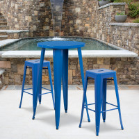 Flash Furniture CH-51080BH-2-30SQST-BL-GG 24" Round Bar Table Set with 2 Square Seat Backless Barstools in Blue